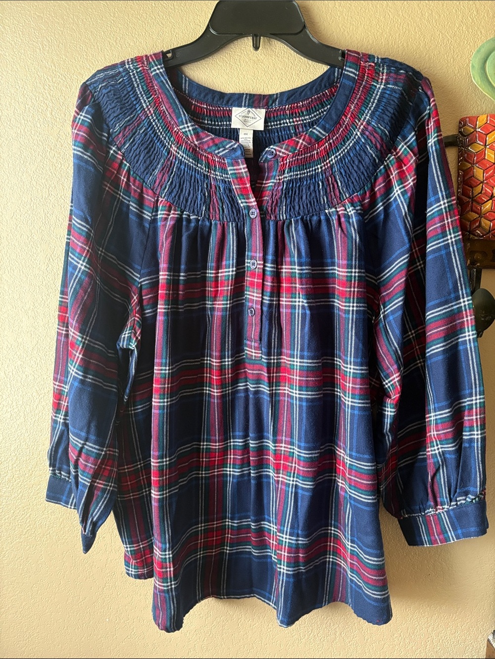 St. John's Bay Navy and Red Plaid Peasant Blouse